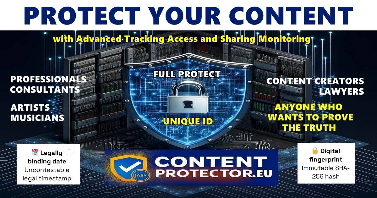 ContentProtector.eu to immediately and forensically certify your content with SHA-256 hashes and qualified timestamping, manage it in your personal area and track its opening by recipients.
