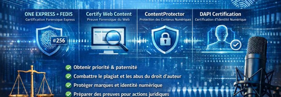 Certification forensique numérique pour droits d’auteur, marques et œuvres créatives. Prouvez la paternité et protégez vos contenus à l’international.