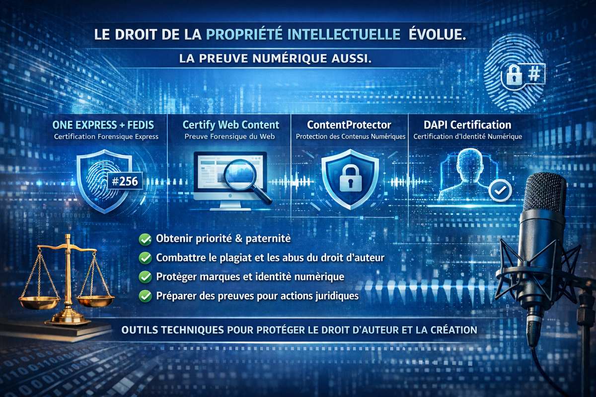 Certification forensique numérique pour droits d’auteur, marques et œuvres créatives. Prouvez la paternité et protégez vos contenus à l’international.